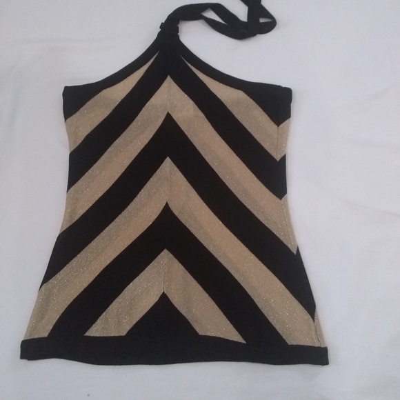 Black and Gold Tie Neck Top. - Picture 2 of 3